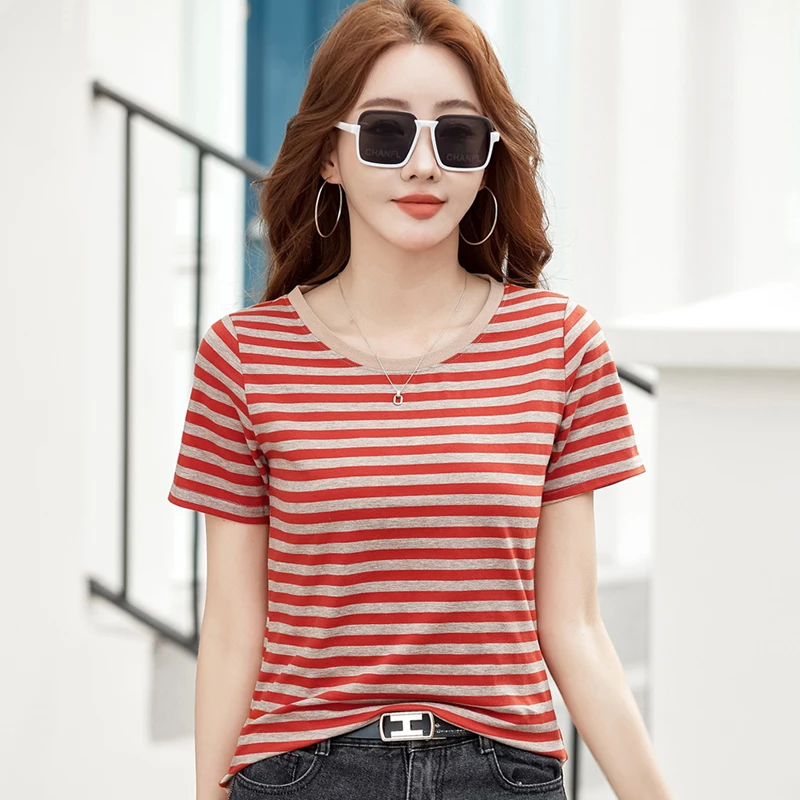 Summer New In Women  T-shirt Cotton Fashion Short Sleeve Basic Stretch Stripped Tee Shirts For Women 2024