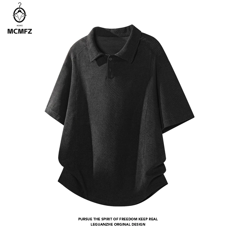 Men Lapel Collar Polo Short Sleeve Top Honeycomb Waffle Weave Partial Button Closure For Youth Casual Street Fashion Style