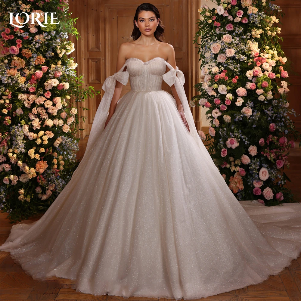 

LORIE Elegant Pleats Glitter Wedding Dresses Sparkly Off Shoulder A-Line Bow Short Sleeves Bridal Gowns Princess Bride Dress