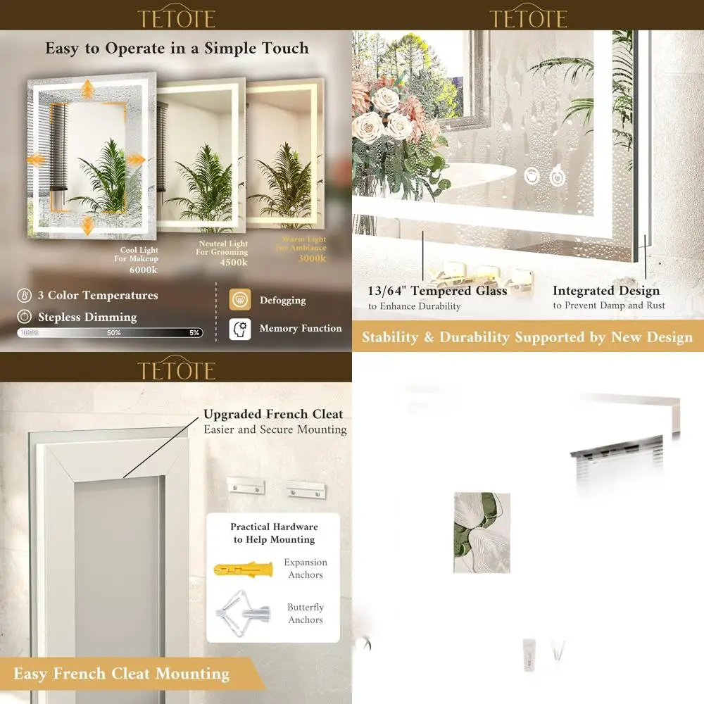 Miroir de salle de bain éclairé par 40 x 32 LED avec miroir de courtoisie antibuée, 3 couleurs à intensité variable, mural et étanche