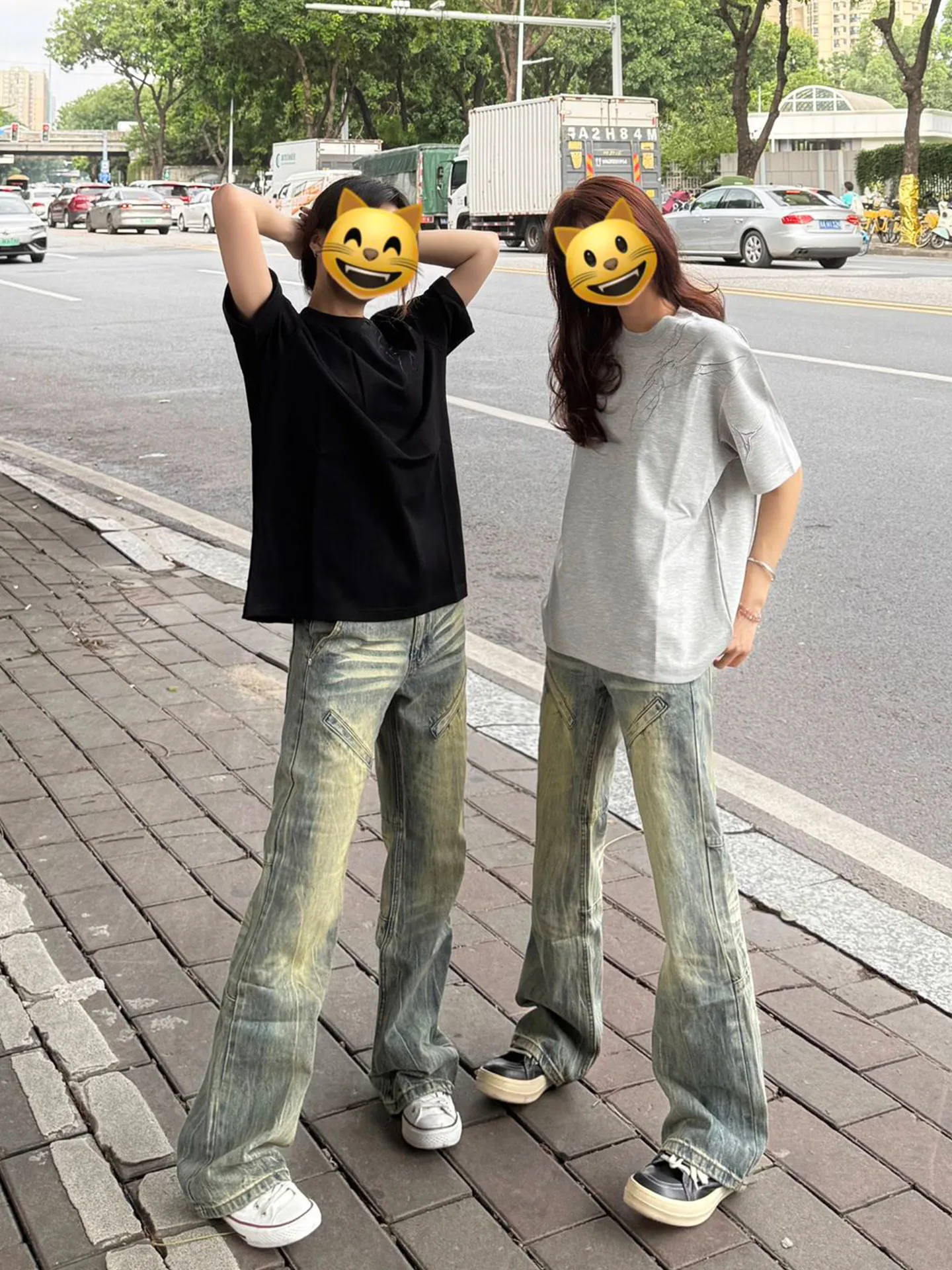 Washed Vintage Patchwork Straight Leg Jeans Men's American High Street Retro Slimming Pants Bell Bottoms Casual mid Waist
