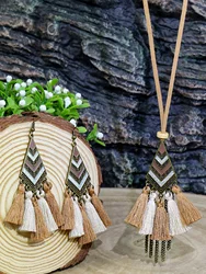 Bohemian retro national style Khaki warm color tassel pendant earrings necklace set lady temperament set combination