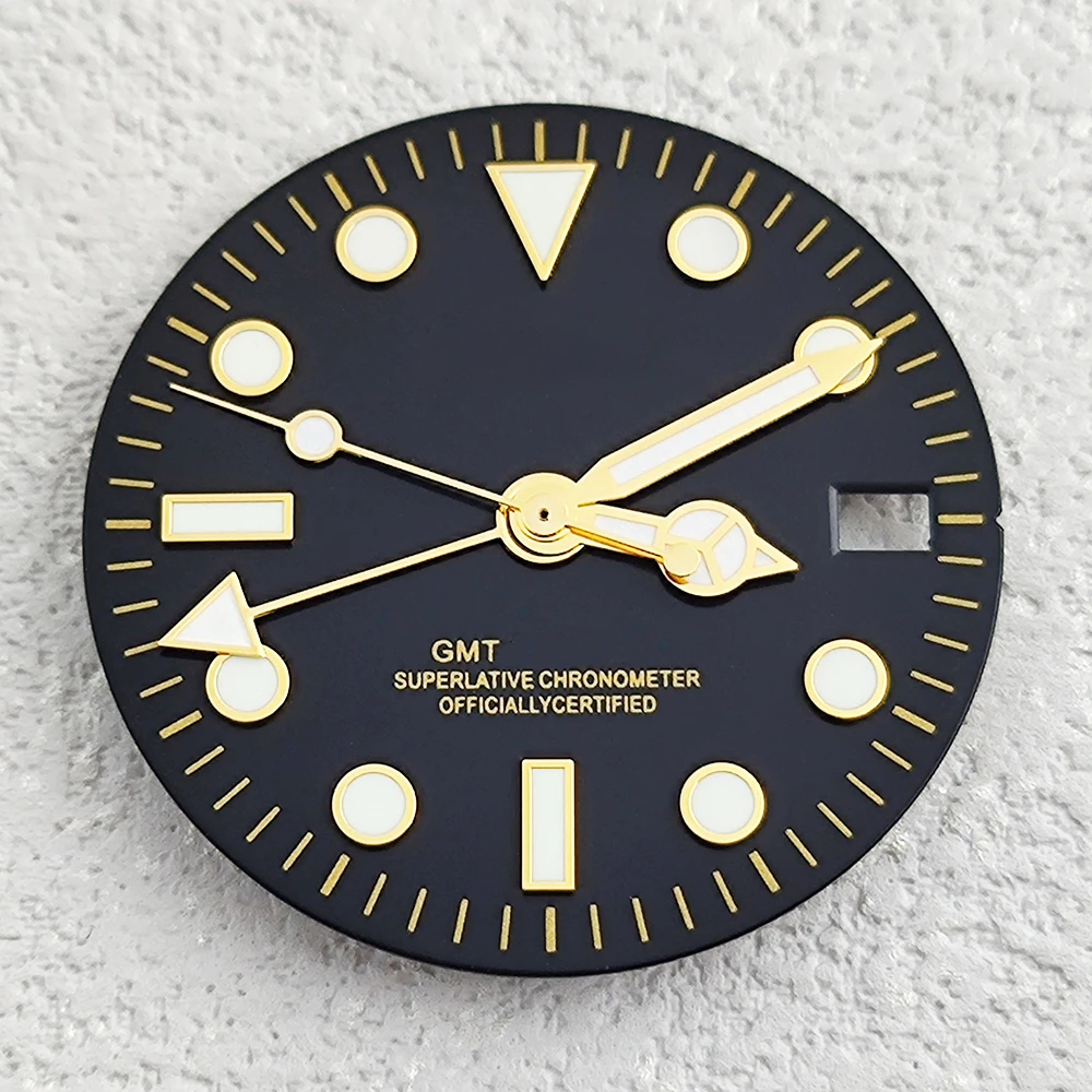 Mostrador GMT de 29 mm, mostrador luminoso verde de quatro ponteiros adequado para movimento NH34, mostrador melhorado, substituição de peças de relógio