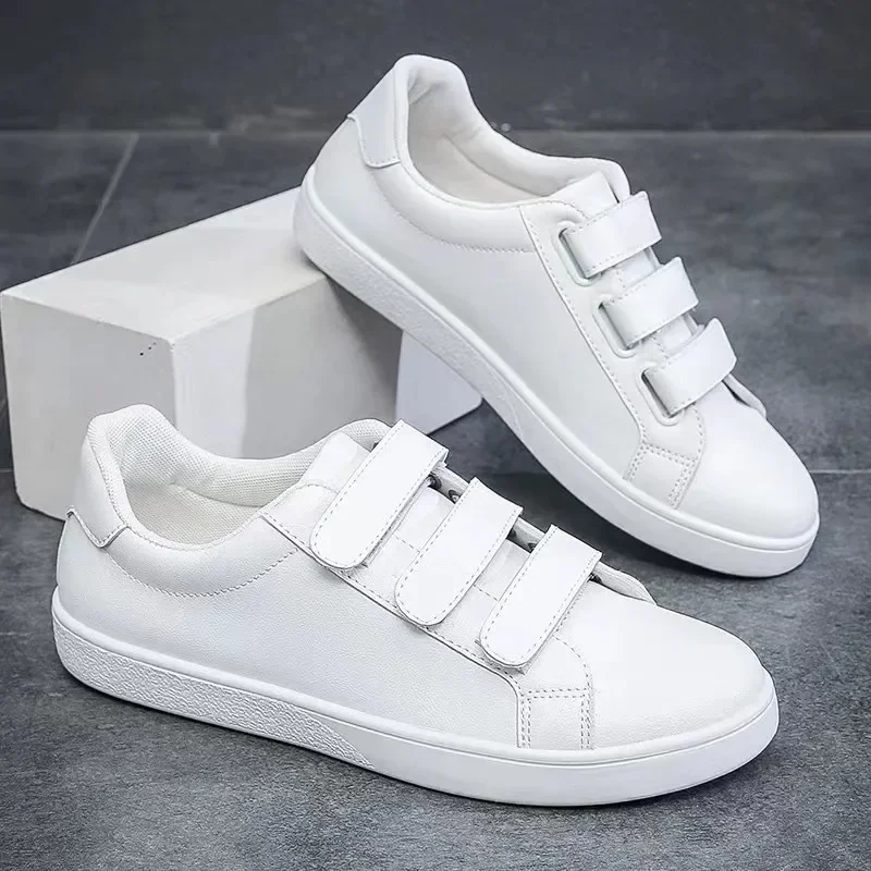 

White Shoes Men Pu Leather Casual Shoes for Men Hook & Loop Loafers Fashion Skateboard Shoe Flat Male Sneakers Tenis Para Hombre