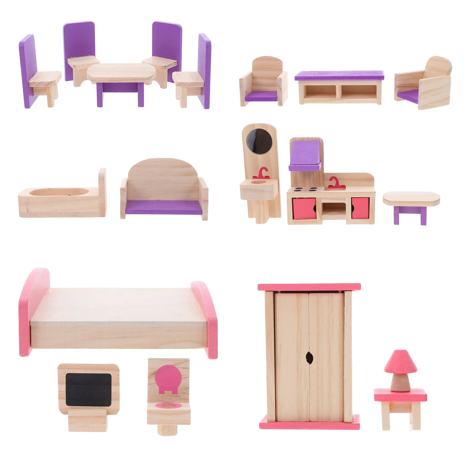 

1Set Wooden Dollhouse Furniture Set Creative Kids Miniature DIY Accessories Pretend Play Furniture Collection Wood Dollhouse Kit