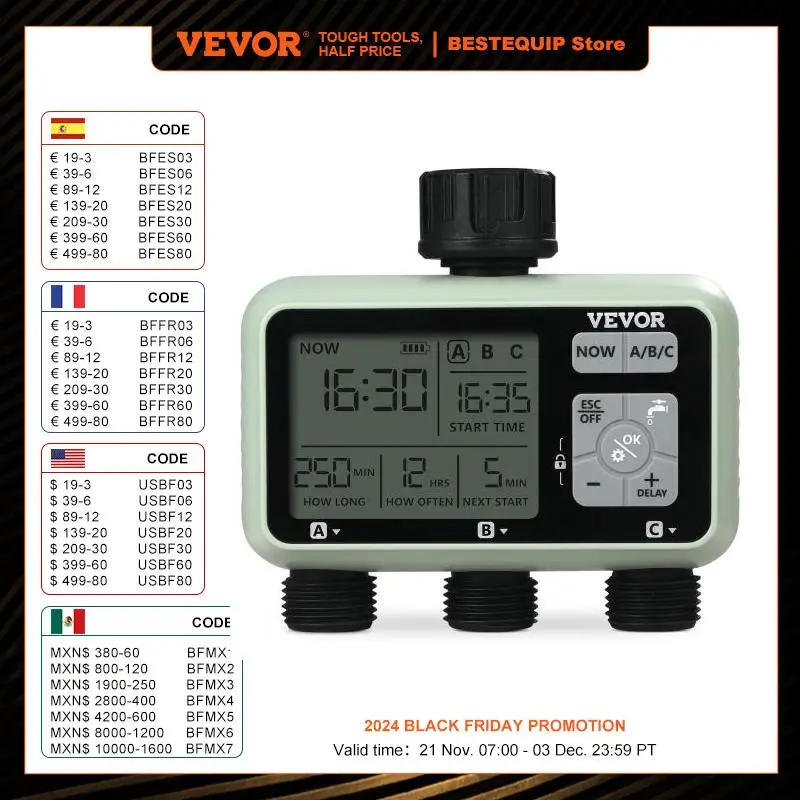 VEVOR Water Timer 3 Outlets Hose 3 Independent Watering Zone LCD Display Rain Delay Mode Manual Mode, Watering Sprinkler Timer