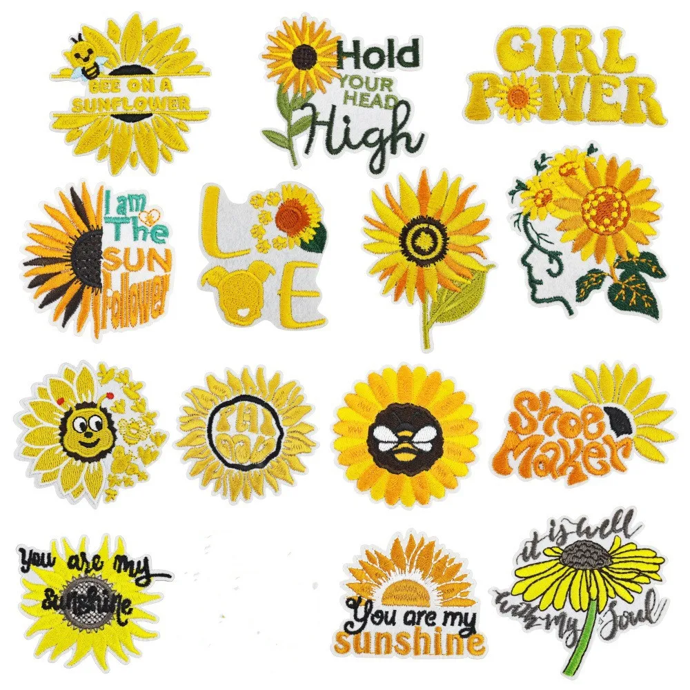 1pc Iron On Bee Patches Embroidery Heat Glue Sunflower Stickers Cartoon Text Badge Sewing Garments Fabric Appliques Patch