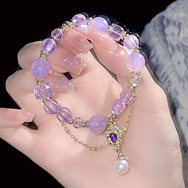 Chinese Style Light Luxury Purple Glass Crystal Beaded Bracelets For Women Tassel Pendant Bracelet Sweet All-match Wrist Jewelry
