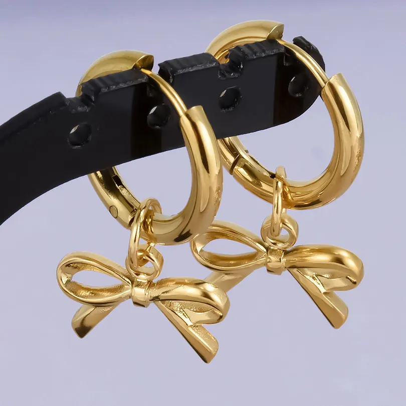 Echt vergoldet Mode Kpop Piercing Schmuck Mädchen Schleife Blume Herz Anhänger Ohrring Edelstahl Creolen für Frauen – Detail 32