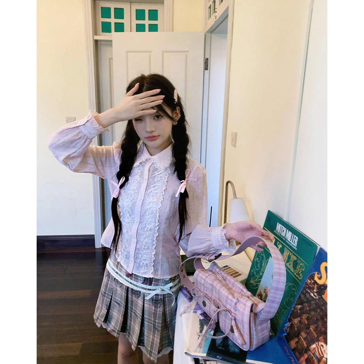 

RRFIGHT Angel Sakura Poem 2025 Spring New Sle Pink Lace irt Women's Faion Design Loose Fit Long Sve Sweet Sle