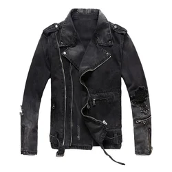 Men's Jacket Zippers Black Denim Jean Biker Jacket Motorcycle Vintage Epaulet Holes Ripped Distressed Coat for Men