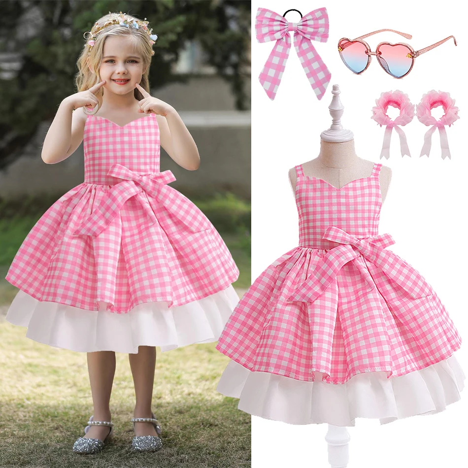 

Kids Pink Plaid Bow Sleeveless Princess Dress Girls Birthday Xmas Party Clothes Children Cosplay Cartoon Movie Performance Frock
