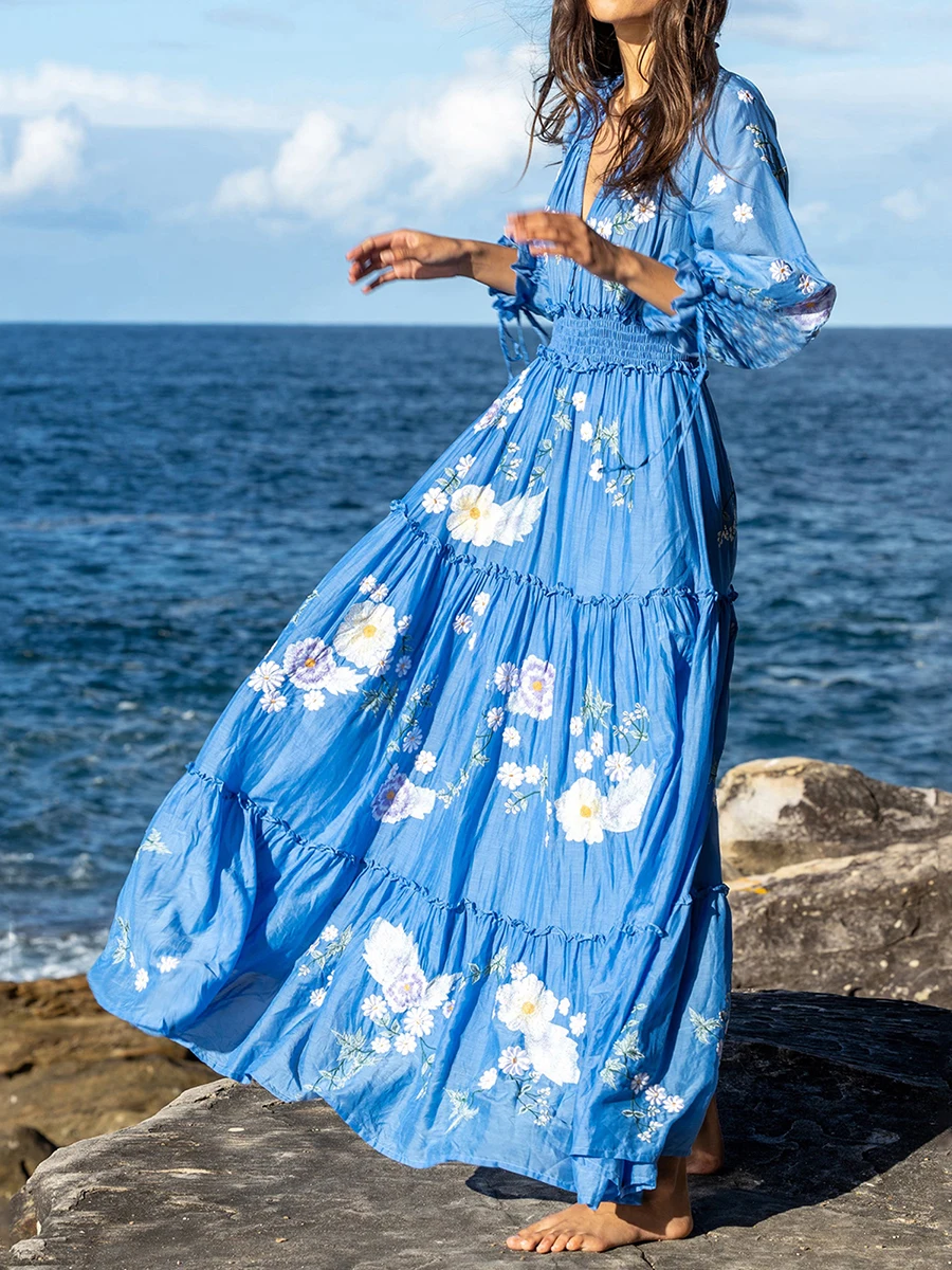 Women Boho Maxi Dresses Floral Print V Neck Long Sleeve Dress Casual Fashion Holiday Beach Dresses Outfits