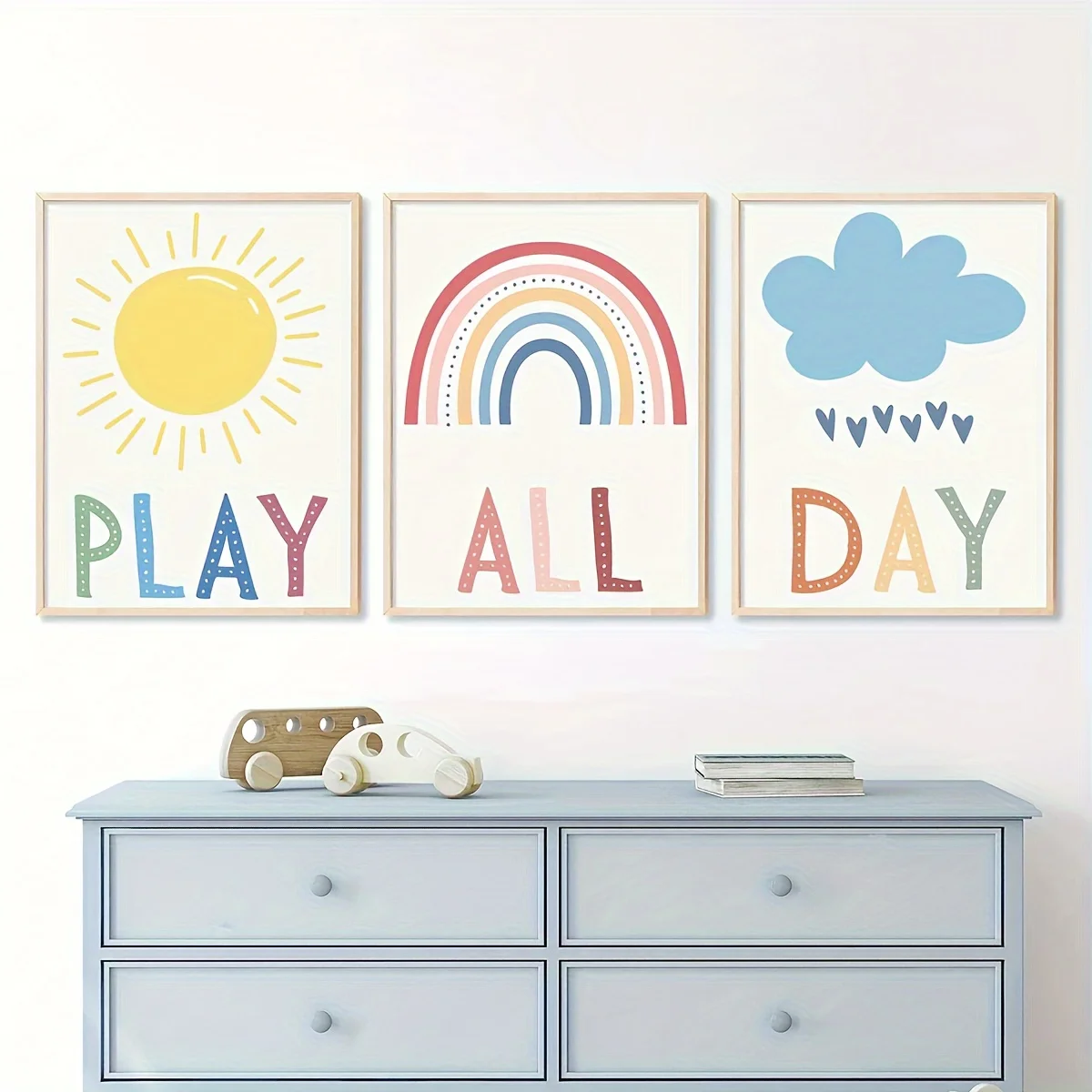 2D Flat, Set of 3  Canvas Prints Featuring Colorful Cartoon Artwork with a Playful Sun, Rainbow, And Clouds Design, Great for