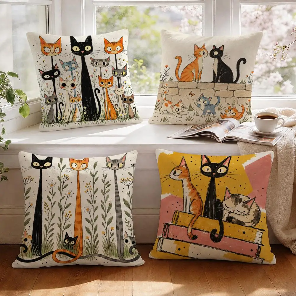 Cat Gathering Cozy Quirky Cushion Cover 1/4Pcs Linen Throw Pillow Covers Double-Side Print Sofa Couch Living Room Decor