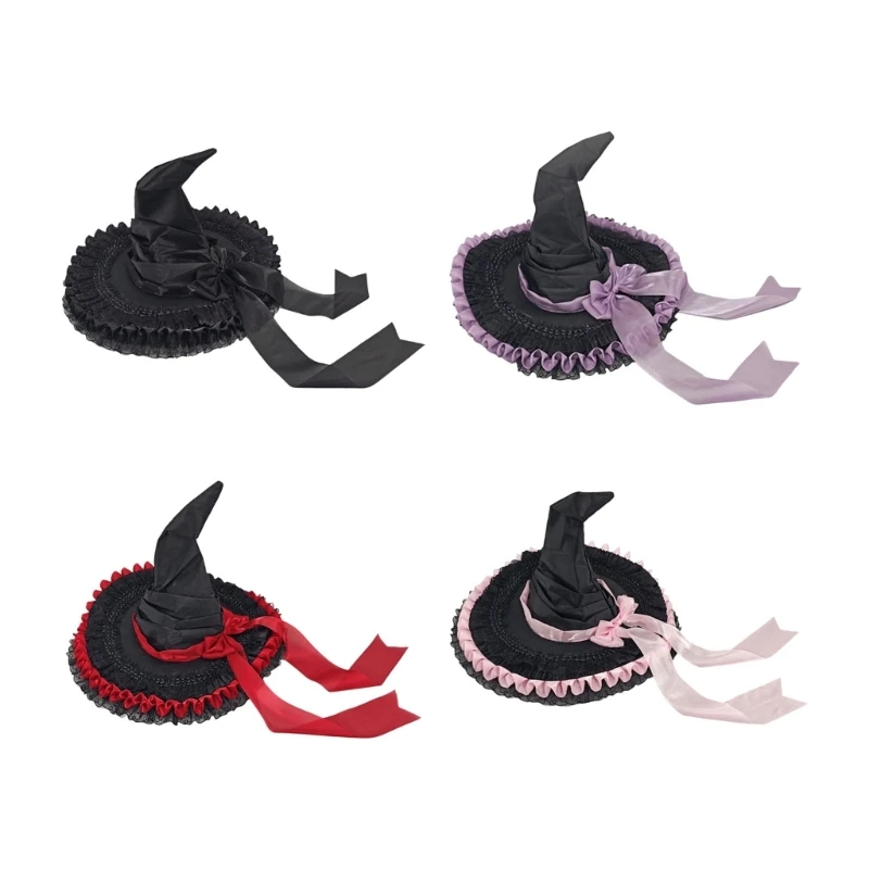 Portable Ruffled Lace Witch Cap Lightweight Travel Friendly Foldable Hat Costume Accessory For Women D0UB