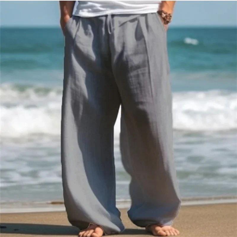 Men Double Side Pockets Loose Straight Pants Drawstring Stretch Mid Waist Long Trousers Male Daily Comfortable Casual Beach Wear