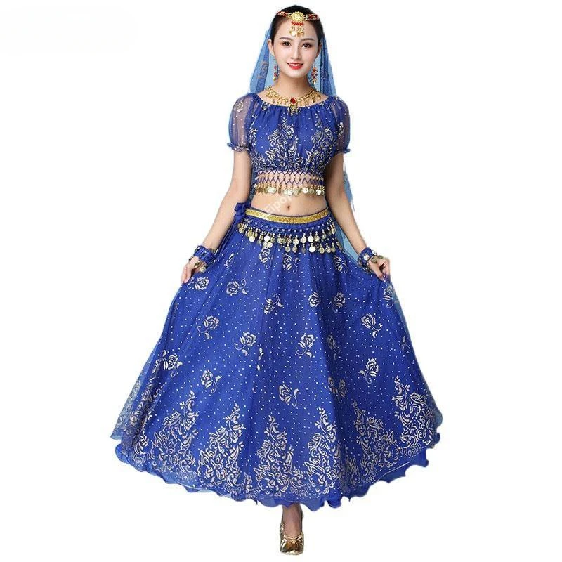 طقم زي رقص هندي نسائي ، بلوزة شيفون ، تنورة ، سلسلة خصر ، طقم رقص شرقي ، زي أداء مسرحي