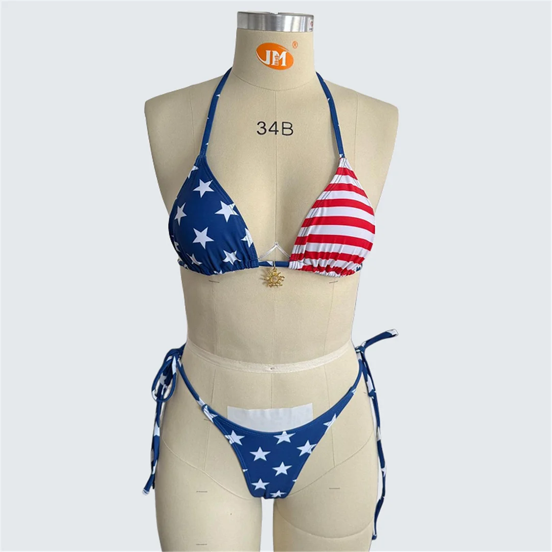 S - XXL, Bikini mit Flaggenmuster, Damen-Badeanzug, zweiteiliges Bikini-Set, Badebekleidung mit Trägern, Badeanzug, Modell V7555. – Detail 8