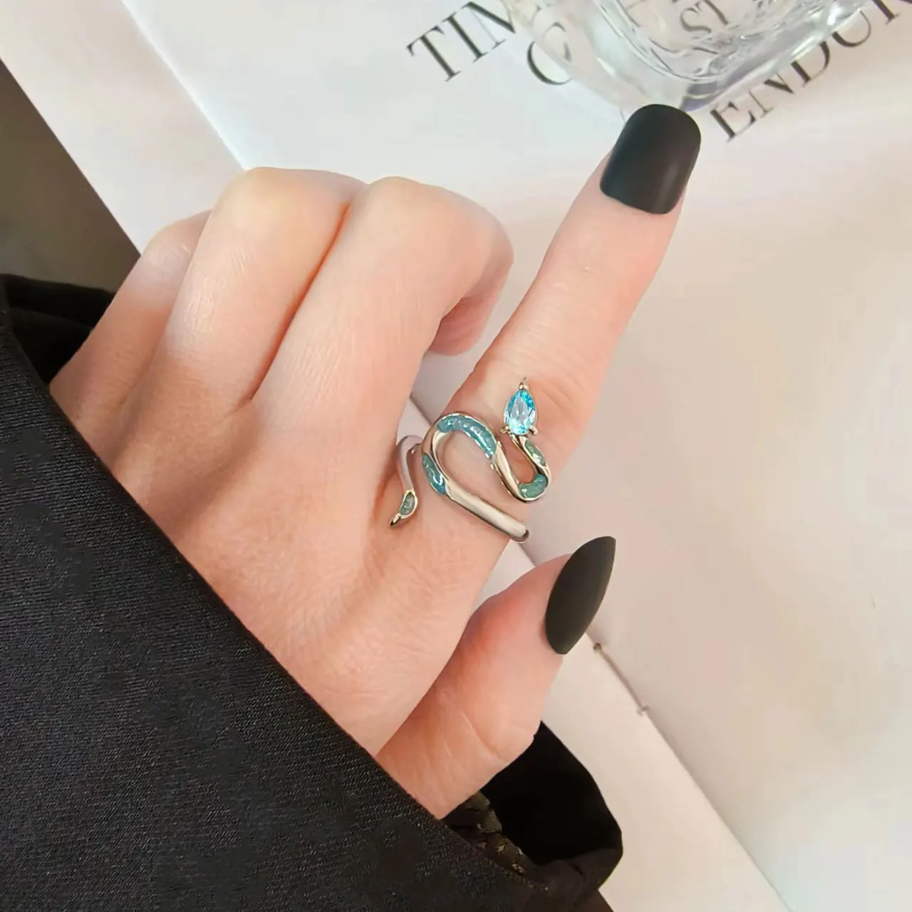 925 Sterling Silver Geometric Blue Snake Rings For Women Men Simple Korean Fashion Open Adjustable Handmade Ring Couple Gifts