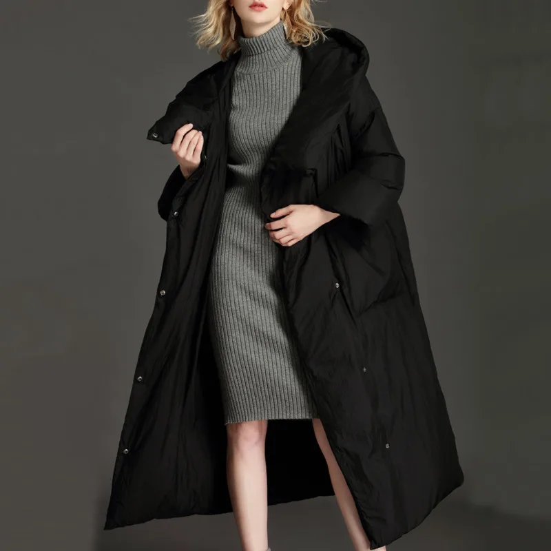 HKSH 2025 冬新作 レディース ダウンコート フード付き 大きめポケット 無地 エレガント ファッション 暖かい 厚手 ロング パフジャケット HK15140