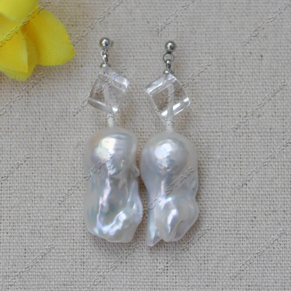 MTC·STAR 26mm White Baroque Reborn Keshi Pearl A+ Clean Sugar Cube Crystal Dangle Earring (Z14563)