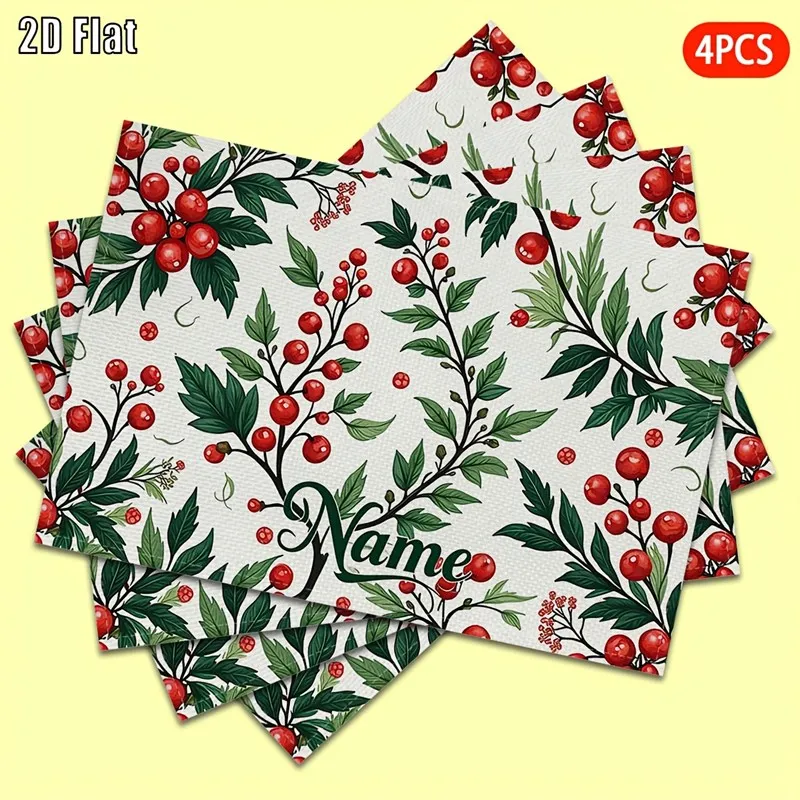 VIKAMA Christmas Linen Placemats, Red Winter Berry Foliage, Natural Linen Machine Washable, Everyday Dining