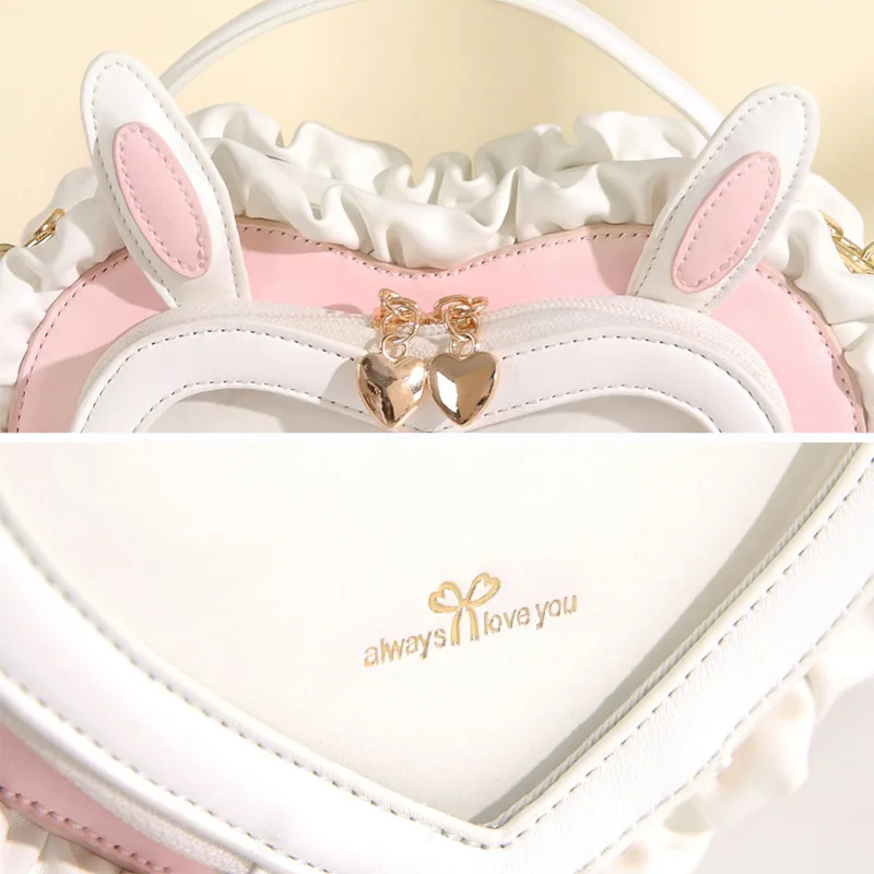 2025 New Rabbit Ears Peach Heart Transparent Pain Bag Bar and Grip Handheld Single Shoulder Women's  Cute Lace Bag Lolita