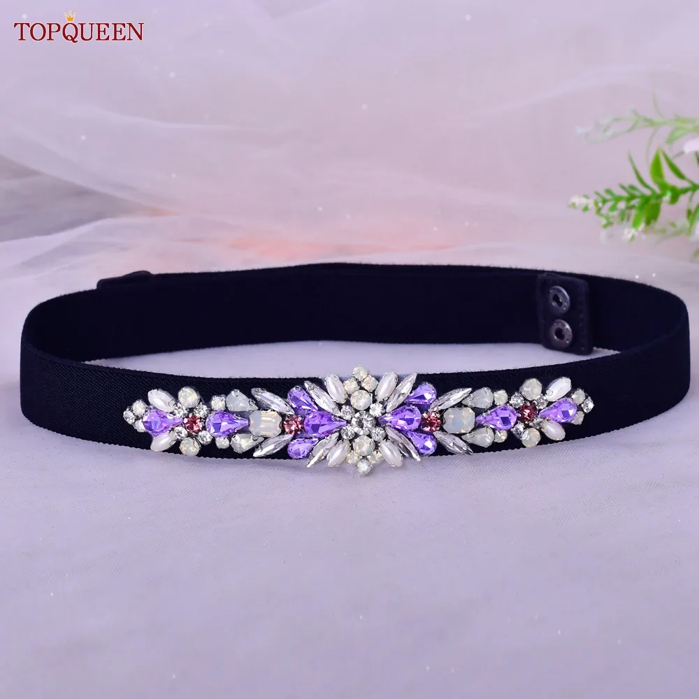 TOPQUEEN New Black Elastic Belt Dress with Purple Rhinestone Applique Luxury Fashion for Women Overcoat Gown Accessories  S451-B