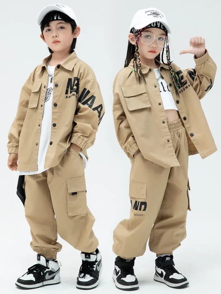 Boys Street Dance Loose Jacket Khaki Cargo Pants Girls Hip Hop Shirt Clothes Sets Child Joggers Kids Streetwear Jazz Costumes