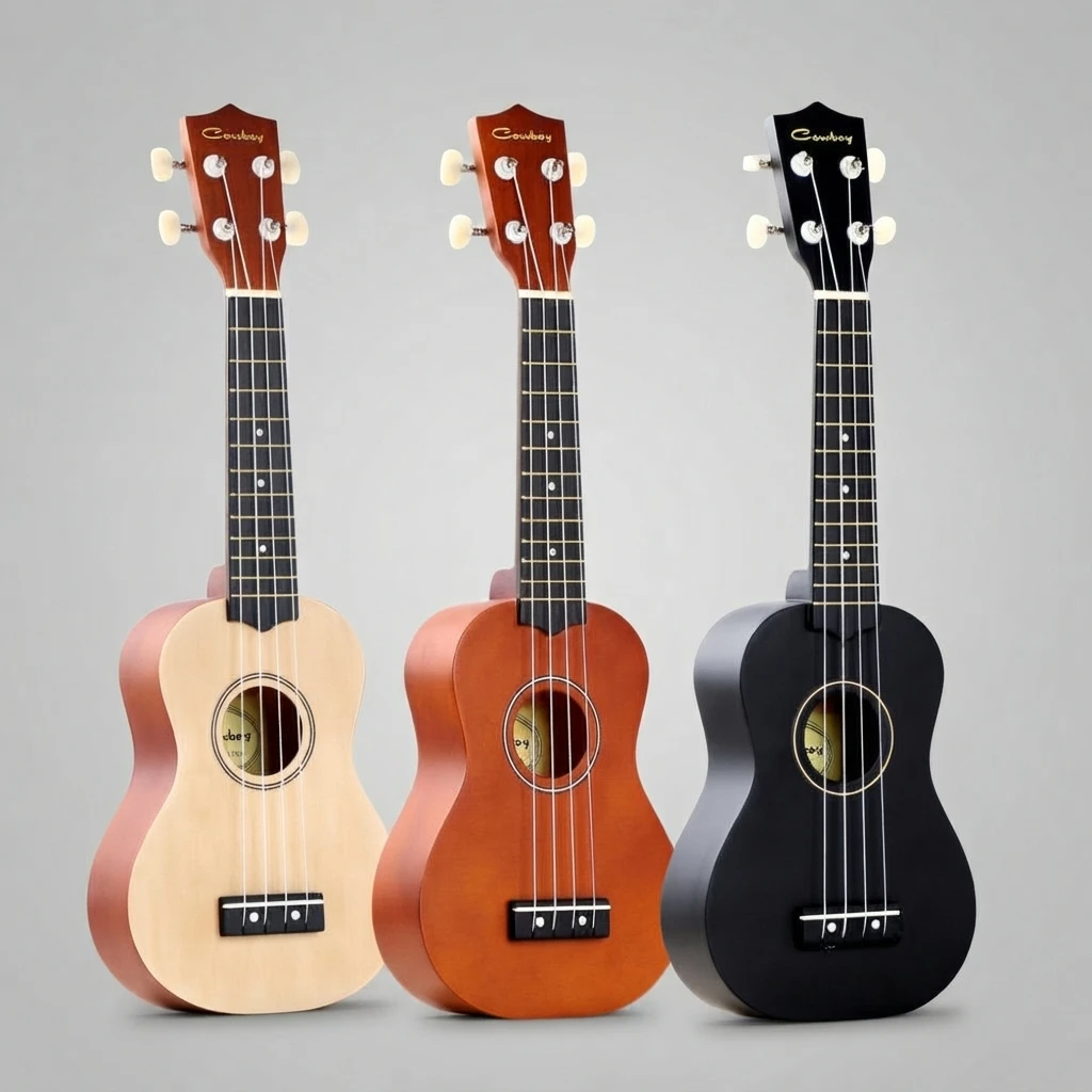 3 Colors Soprano Ukulele, Natural Brown Black Options, White Open Tuners, Dot Inlay, 4 Strings, Simple Rosette for Beginners