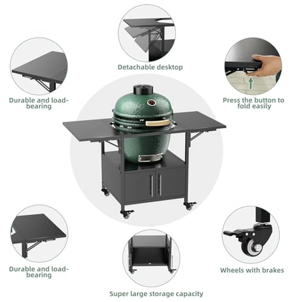 Outdoor Grill Table for Big Green Egg Large Grill Metal Grill Cart with 2 Folding Side Panels Storage Box Locking