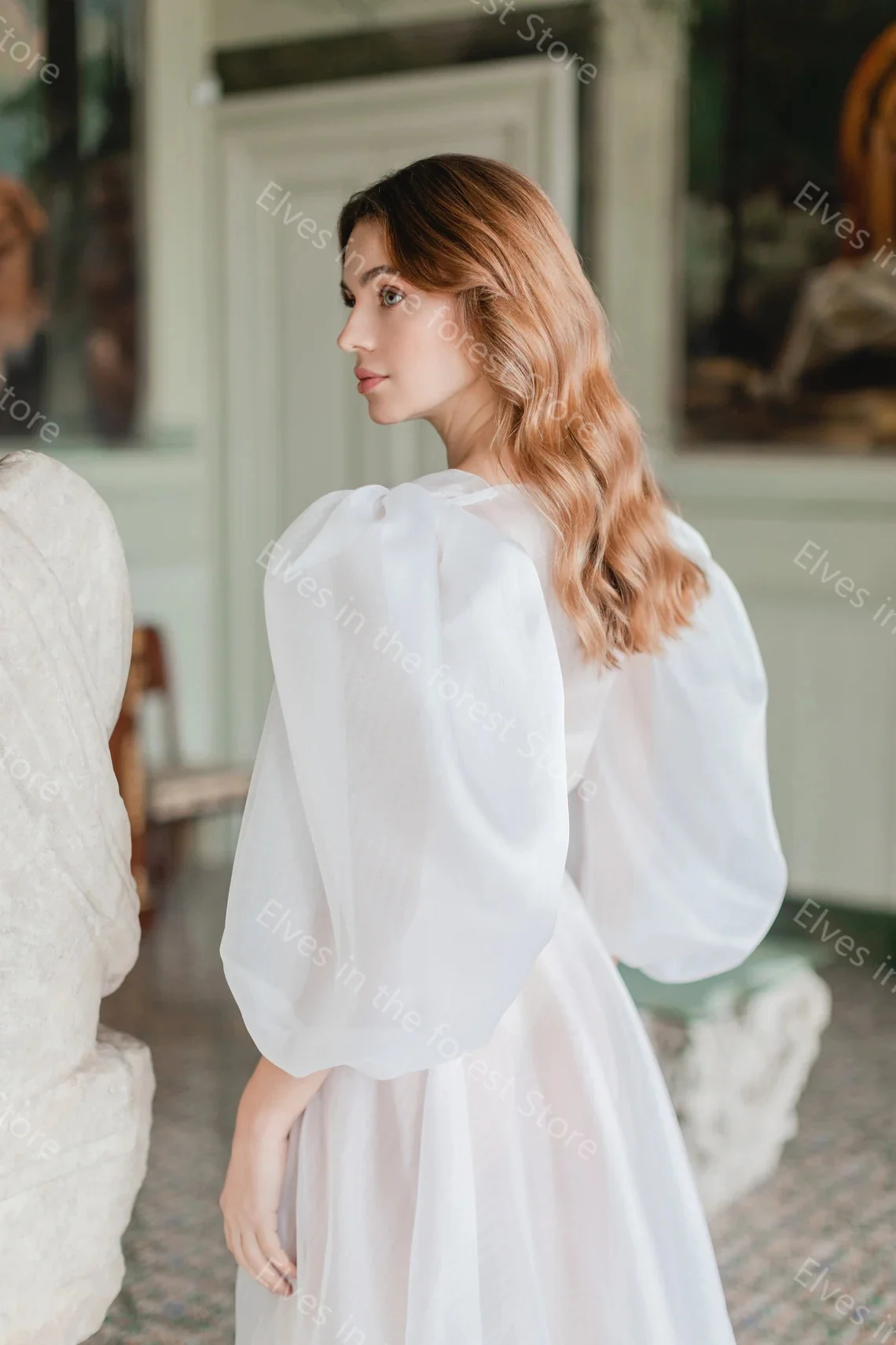 Camisones de novia blancos encantadores, mangas largas hinchadas, tren de barrido, albornoces de boda, cintas, vestidos de fiesta de noche nupcial