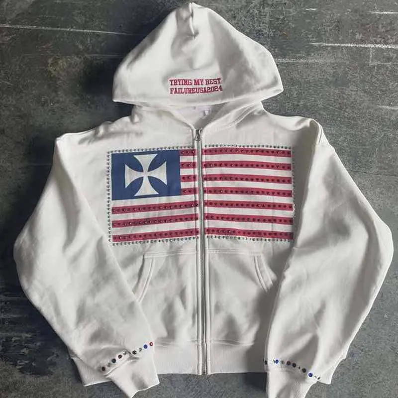 Hooded Cardigan Design Hoodie Winter National Flag Pattern Top Harajuku Rhinestone Decoration Comfortable Couple Same Sweatshirt