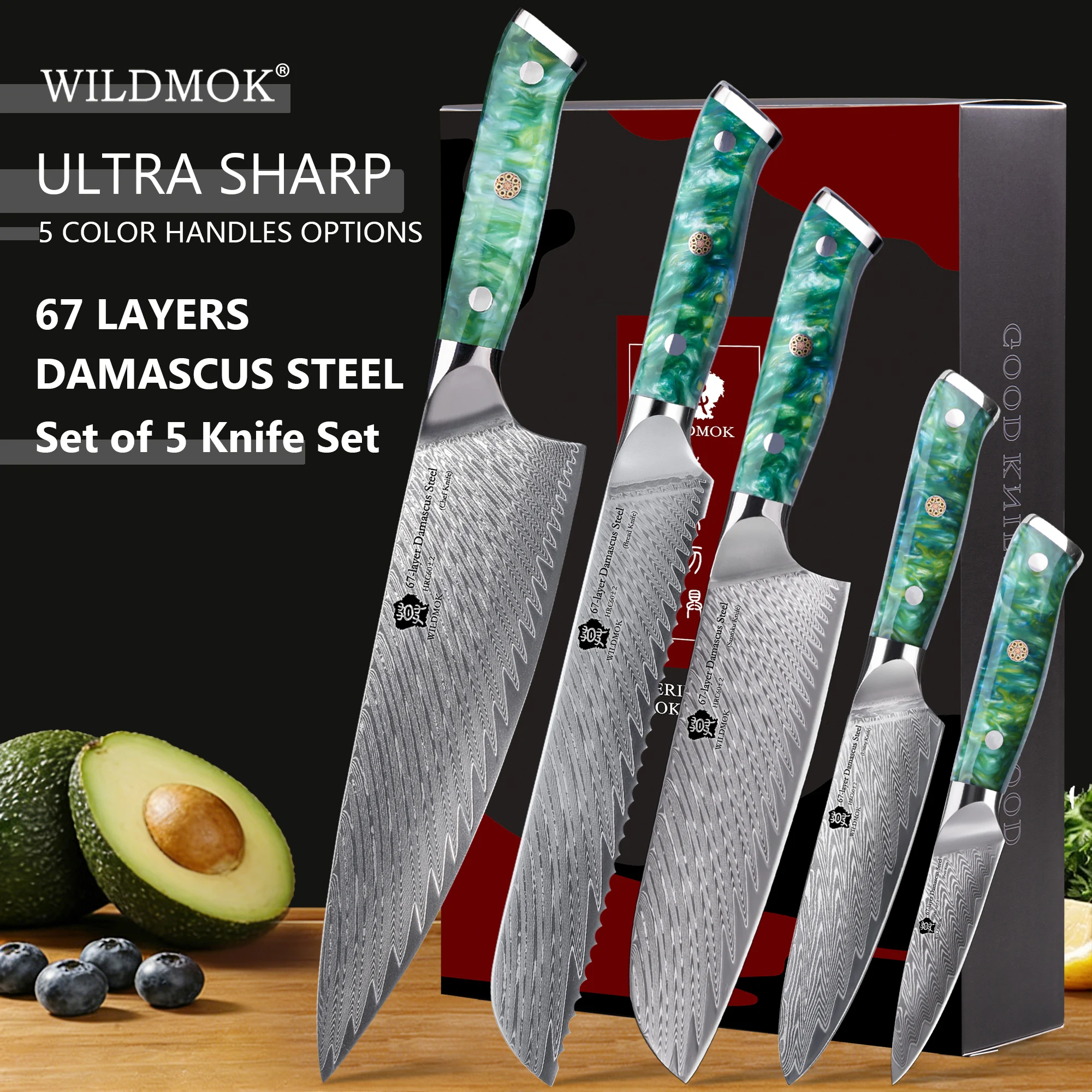 WILDMOK 5 Pcs Professional Chef Knife Set 67 Layer VG10 Damascus Steel Ergonomic Green Resin Handle with Premium Gift Box