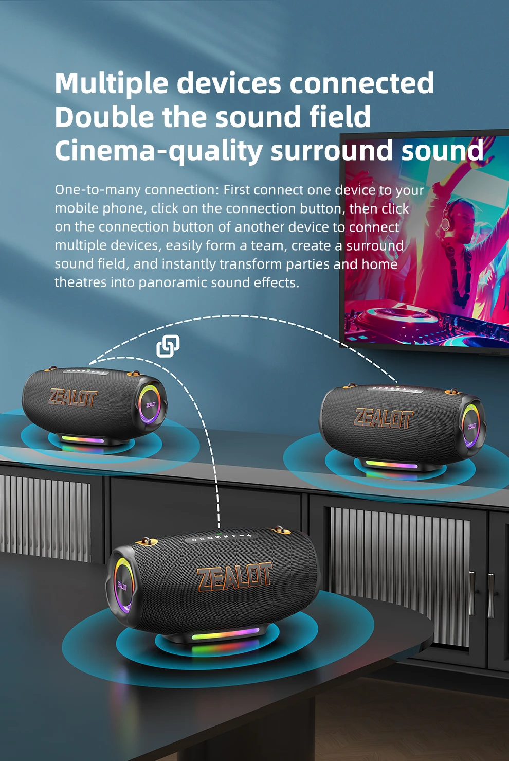 Zealot-S127 100W Tragbarer Subwoofer Bluetooth-Lautsprecher TF-Karte Outdoor-Stereo-Surround Wasserdichter Lautsprecher Kabellose Soundbox – Detail 8