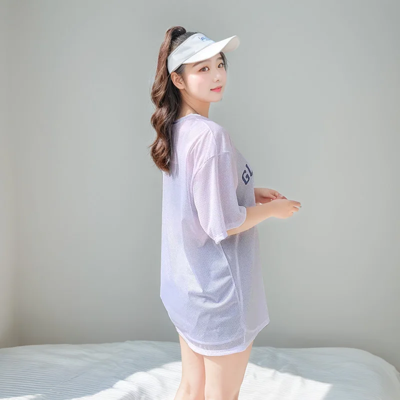 Plus Size Damen-Strandbekleidung, T-Shirt-Badeanzug, lockerer, separater Sonnenschutz, ideal für Damen in Übergröße über 60er Pou