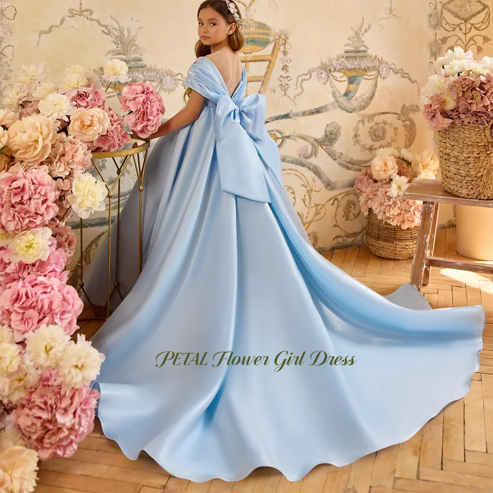 

Petal Off Shoulder Princess Girls Dress with Bow Back A Line Flower Girl Dress Satin Kids Birthday Party Dress Customized