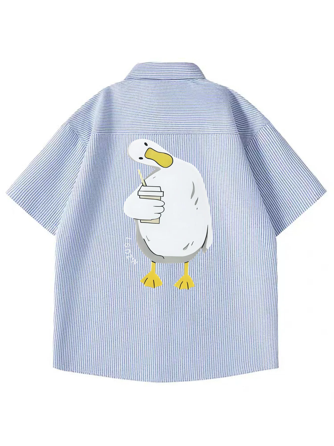

Fun Cartoon Tilted-Head Duck Pattern Short-Sleeve Striped Shirt Summer Men's New Versatile Casual Simple Shirt