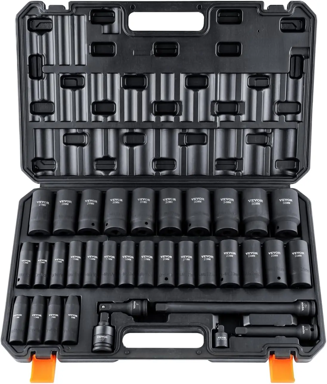 

VEVOR 1/2" Drive Impact Socket Set, 34 Piece Socket Set Metric 8-36mm, 6 Point Cr-MO Alloy Steel, Easy-to-Read Size Markings