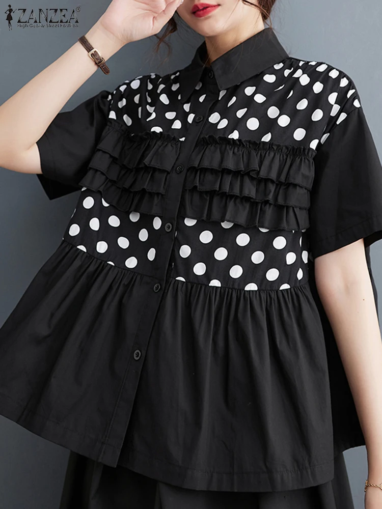 

ZANZEA Korean Ruffled Patchwork Tops Women Polka Dot Stitching Blouse Summer 2025 Short Sleeve Tunics Casual Loose Lapel Blusas