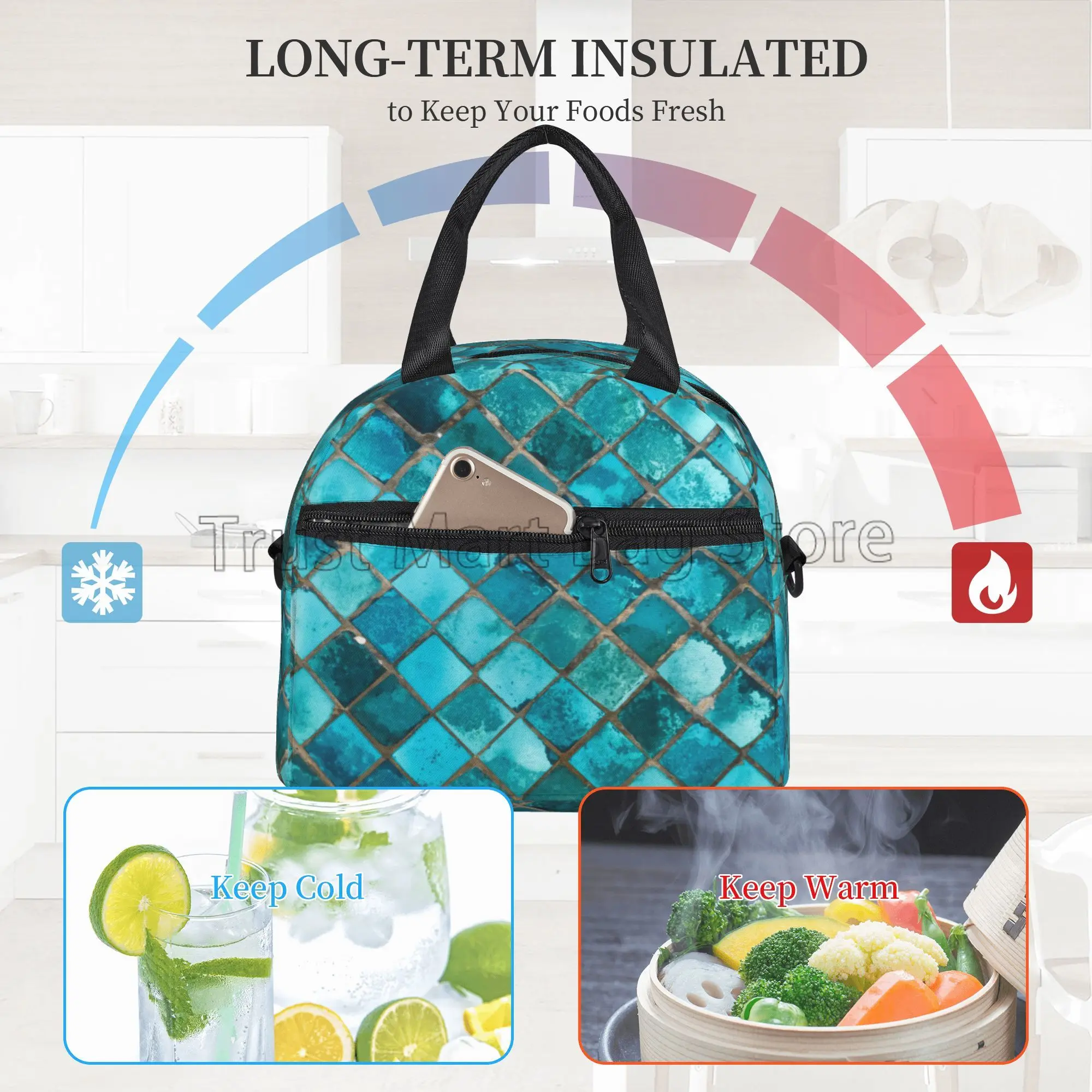 Abstract Turquoise Blue Teal Insulated Lunch Box Reusable Portable Thermal Cooler Bento Tote Bags with Adjustable Shoulder Strap