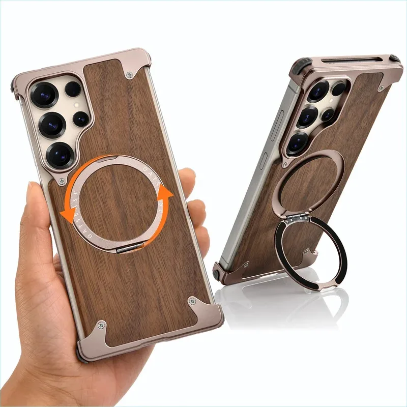 Suitable for Samsung Galaxy S25 S24 Ultra 360 ° rotating bracket frameless aluminum alloy bumper cover titanium metal walnut she