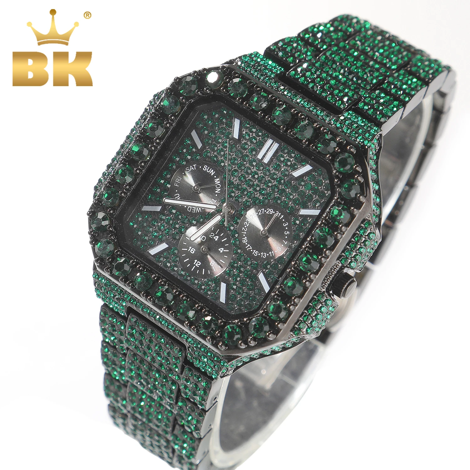THE BLING KING Iced Out Green Emerald Crystal Square Men Quartz Watch Black Plated Multi Dial Calendar Week Luxury Wristwatch
