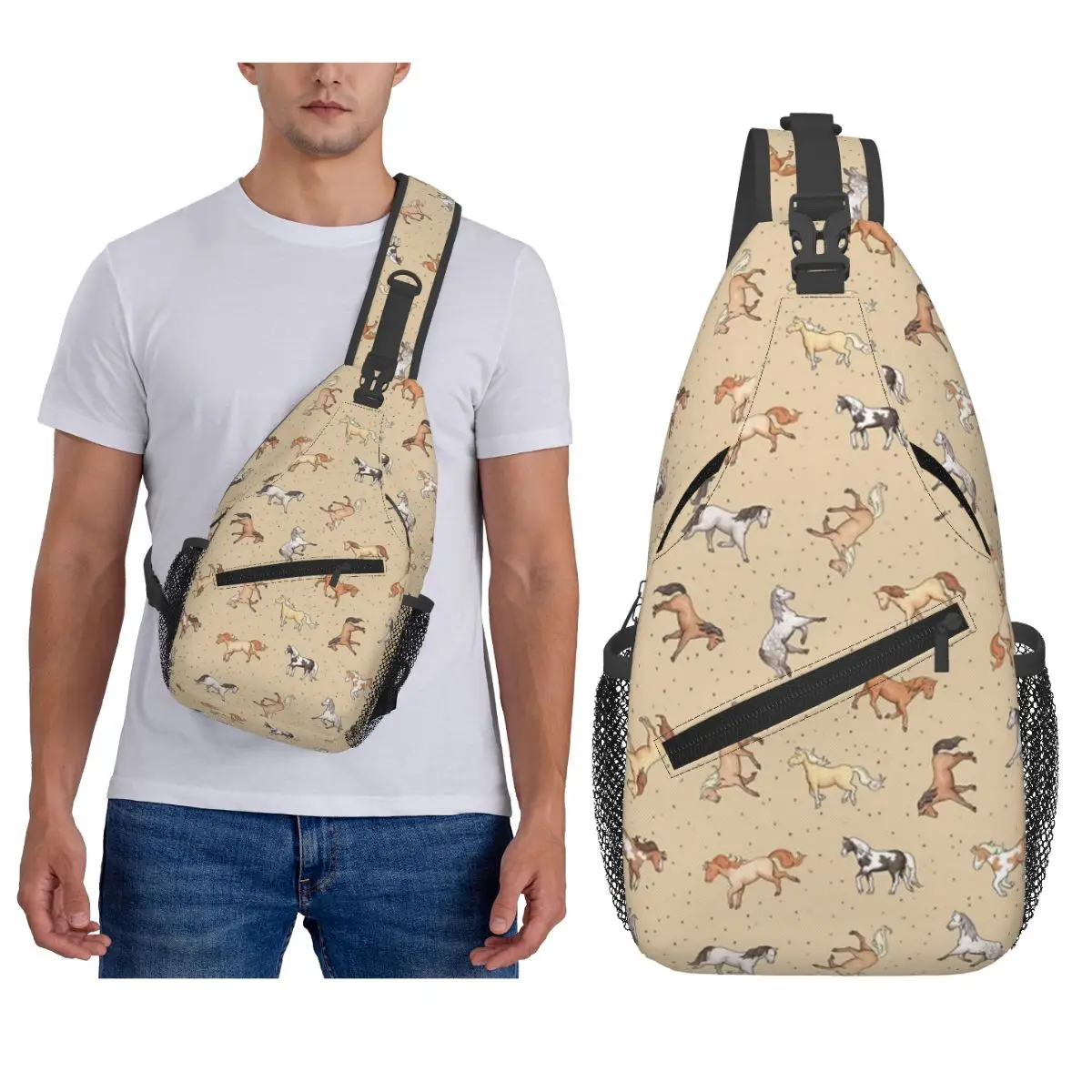 Scattered Horses Spotty On Taupe Pattern Chest Bag - Mochila cruzada para hombre, mochila de viaje, mochila de senderismo, bolso de hombro