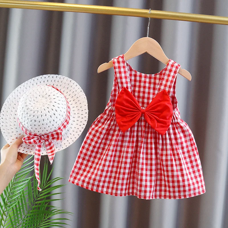 

Two Piece Set Of Girls' Summer New Plaid Camisole Dress Children's Baby's Chest Big Bow Cute Dress With Hat Included