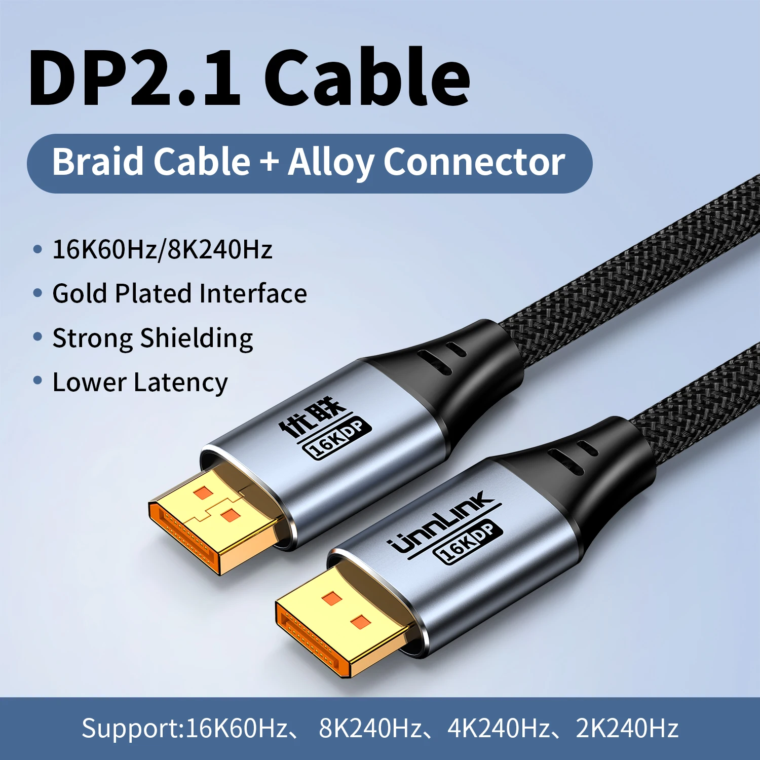 Unnlink DP 2.1 DisplayPort-kabel, 16K computer-naar-monitorkabel, 240 Hz hoge vernieuwingssnelheid, grafische kaart hoge bandbreedte 80G