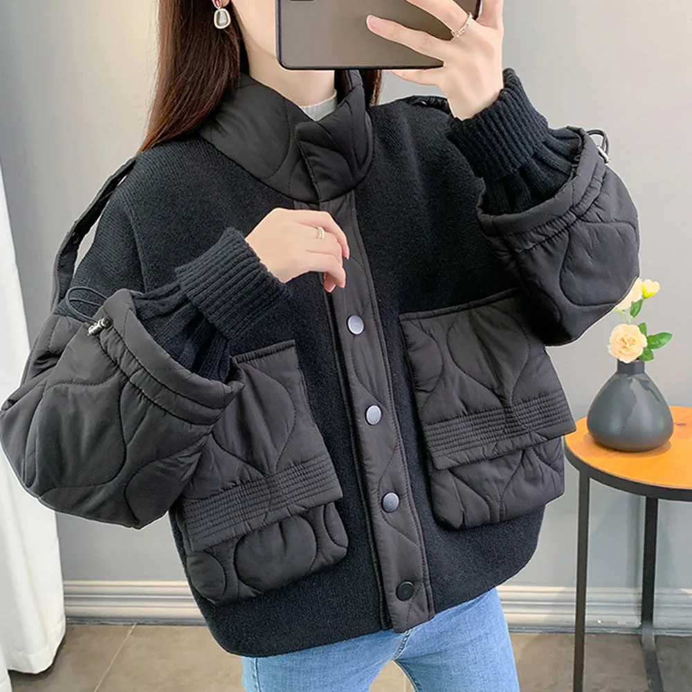 Stand Collar Cotton Coat Female Casual Splicing Single Breasted Jacket 2023 Autumn Winter Fashion Thicken Cardigan Short Outwear