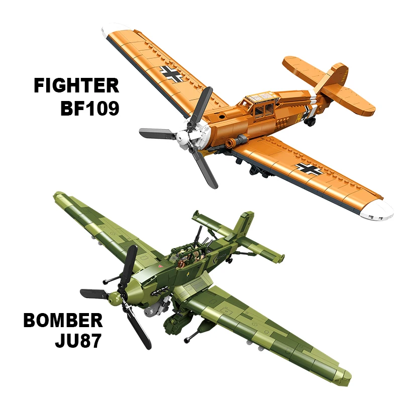 Piston Type Fighter & Junkers Attack Aircraft Building Blocks Set, Military Aircraft Puzzle Model Kit, STEM Plane Bricks Toys Gi