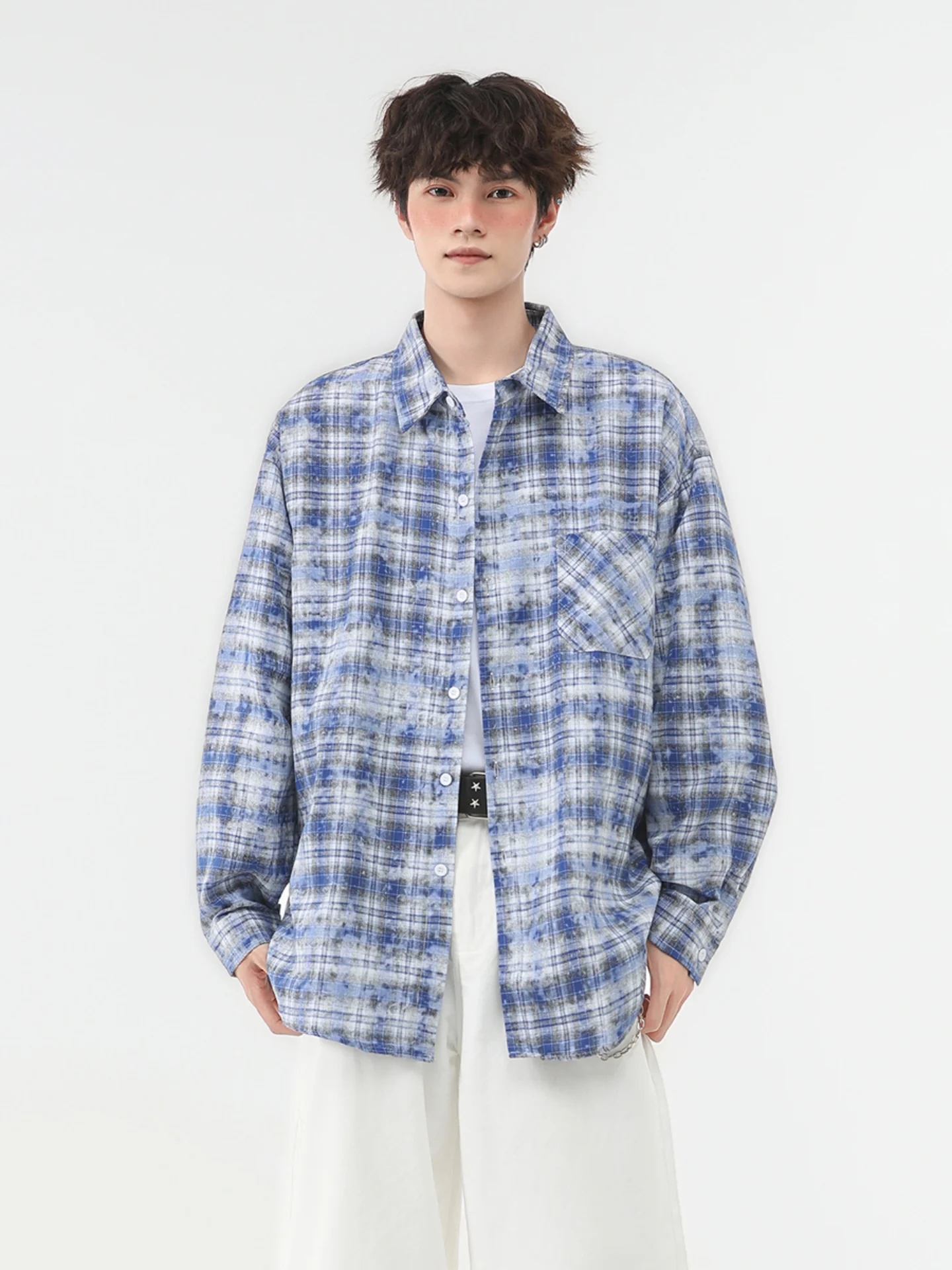

Trendy Tie-Dye Plaid Long Sve irt ex Autumn Casual Outerwear Loose Couple Sle High Street Loose Fit Youth Faion